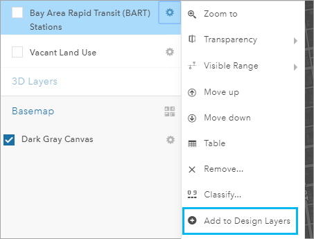 Layer Options menu with the Add to Design Layers option highlighted Layer Options menu with the Add to Design Layers option highlighted