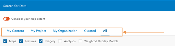 Search for Data dialog box tab filters Search for Data dialog box tab filters