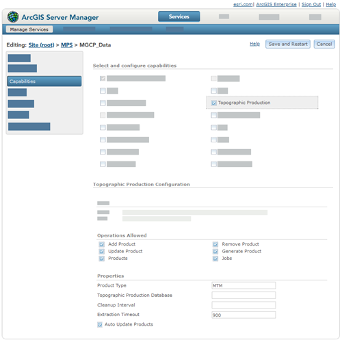 ArcGIS Server Manager with the topographic production capability selected to show its operations and other properties that were set in ArcGIS Pro ArcGIS Server Manager with the topographic production capability selected to show its operations and other properties that were set in ArcGIS Pro
